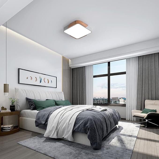 Ceiling Light Fixture, 24W LED Flush Mount, Wood Modern Luminaire Plafonnier for Bedroom Living Room, 12 Inch, Cool White 6500K