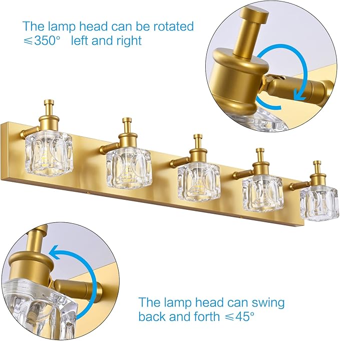 PRESDE Modern Crystal Vanity Light for Bathroom Gold 5 Light Bathroom Wall Light Fixtures Over Mirror