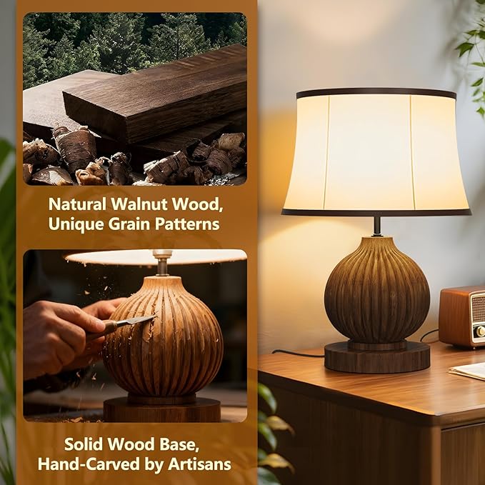 JESLED 18" Vintage Walnut Wooden Table Lamp for Living Room,Farmhouse Rustic Bedside Lamp for Bedroom Room,Office, End Table Home Decor