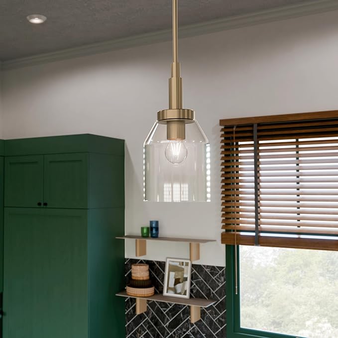 Kichler Madden 1-Light Mini Pendant with Clear Glass in Champagne Bronze, Sloped Ceiling Compatible, for Game Room, Bar, Island, Billiards Table or Kitchen (15" x 7"), 52725CPZ