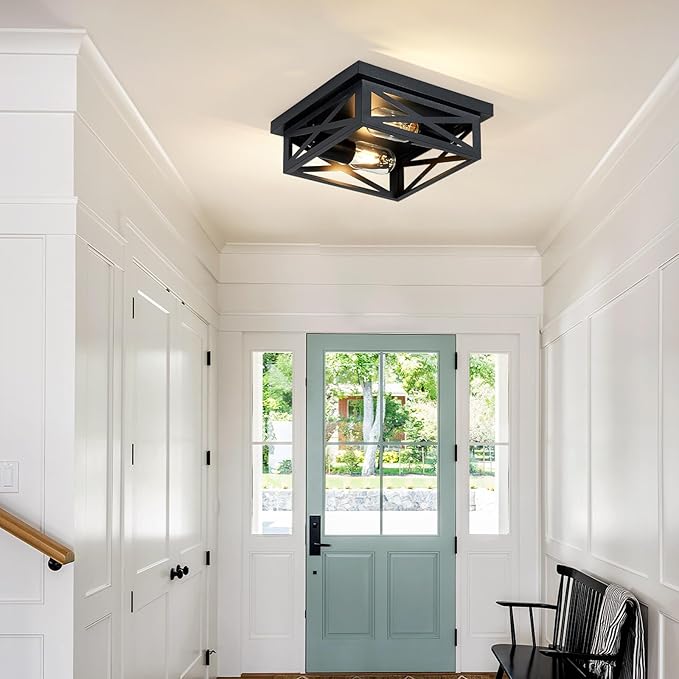 ZHU YAN Farmhouse Ceiling Lights Flush Mount,2-Light Hallway Light Fixtures,Square Black Flush Mount Ceiling Light Fixture for Bedroom Living Room Kitchen Hallway E26