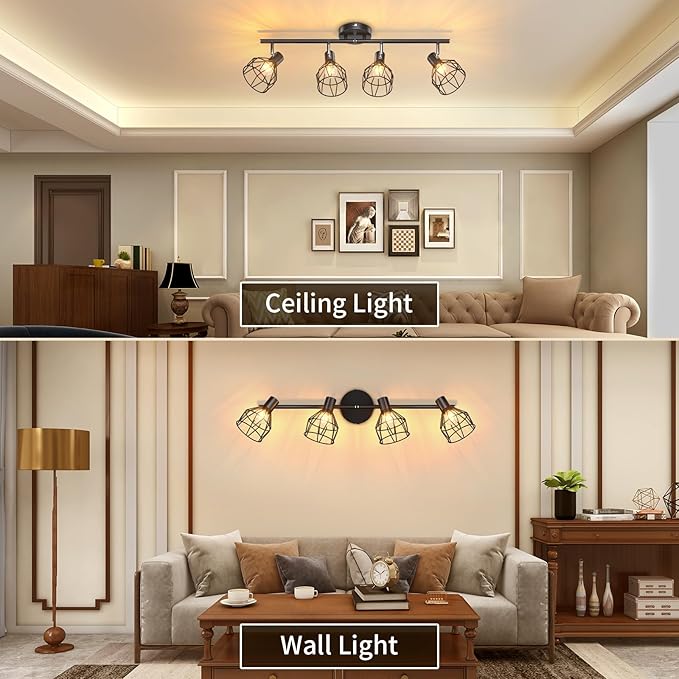 GORDNWE 4-Light Kitchen Track Lighting, Adjustable Metal Wire Cage Ceiling Light with E12 Base, Track Lighting Fixtures Black Farmhouse Ceiling Light Fixture Fits for Bedroom Living Room