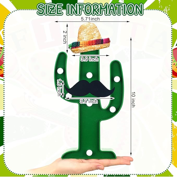 Fiesta Mexican Party Decoration LED Cactus Light with Mini Sombrero Straw Hats and Fake Beard Cinco De Mayo May 5th Table Decor Mexican Party Supplies for Fiesta Taco Table Room Bedroom Decor(12 Pcs)