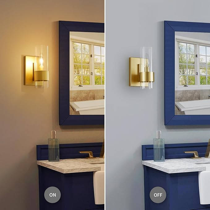 WUZUPS Set of 2 1-Light Bathroom Wall Light Fixture Over Mirror Flat Class Shade Morden Vanity Scones for Bathroom Bedroom Living Room, E12 Base, Gold
