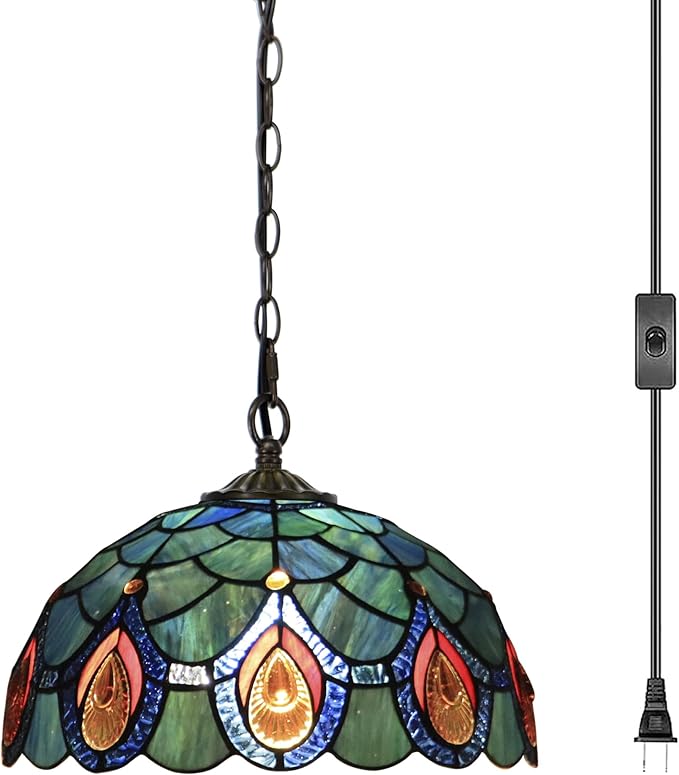 Tiffany Pendant Light Plug in Stained Glass Hanging lamp 12X12X181 Inch Hanging Lamp Living Room Bedroom Kitchen Dining Room Office(Brown Crystal)