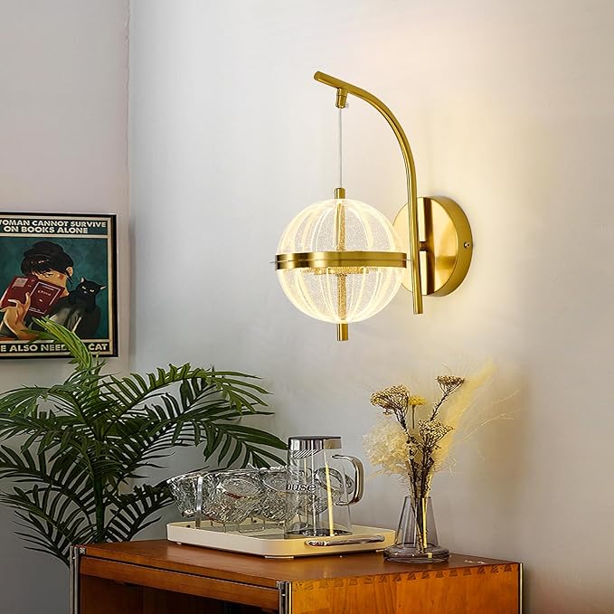 UOFUS Gold Wall Sconce with Globe Acrylic Shade Mid Century Modern LED Wall Light Fixture 12W 3000K/4000K/6000K Temperature Adjustable Super Bright Bathroom Vanity Light for Bedroom Hallway