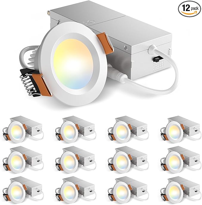 Amico 12 Pack 2 Inch 5CCT Ultra-Thin LED Canless Recessed Ceiling Light with Junction Box, 2700K/3000K/3500K/4000K/5000K Selectable, CRI90+, 6W=40W, 350LM, Dimmable Canless Wafer Downlight-ETL&FCC