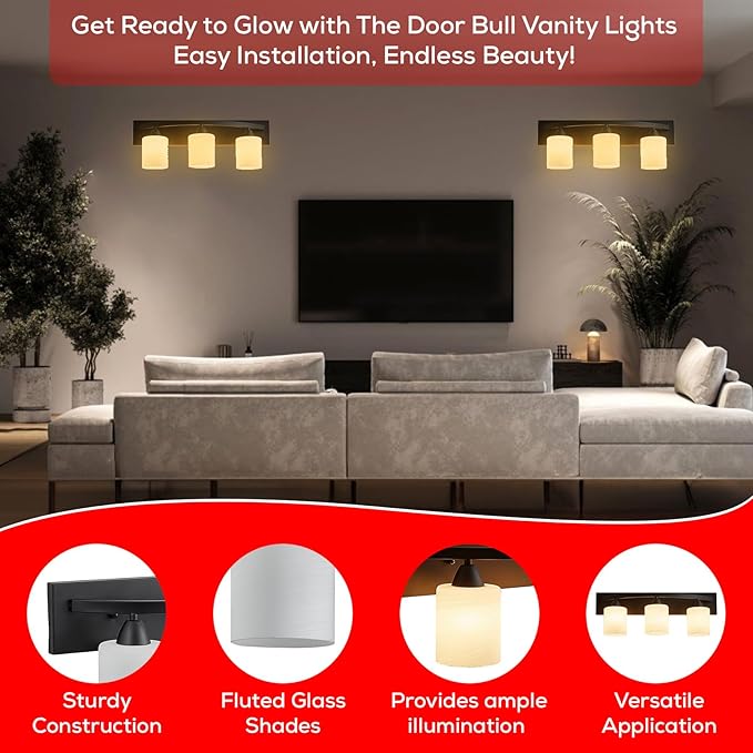 The Door Bull Modern 3-Light Bathroom Vanity Light – Matte Black Fixture with Frosted Glass Shades, E26 Socket – Wall Sconce for Mirror, Bathroom, Kitchen, Hallway, Entryway
