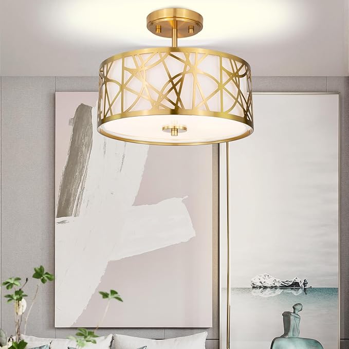 3-Light Semi Flush Mount Ceiling Light, 12.6" Drum Light with White Fabric Shade, Modern Close to Ceiling Lamp for Living Room Bedroom Dining Kitchen Hallway Entry Foyer (Brushed Gold)