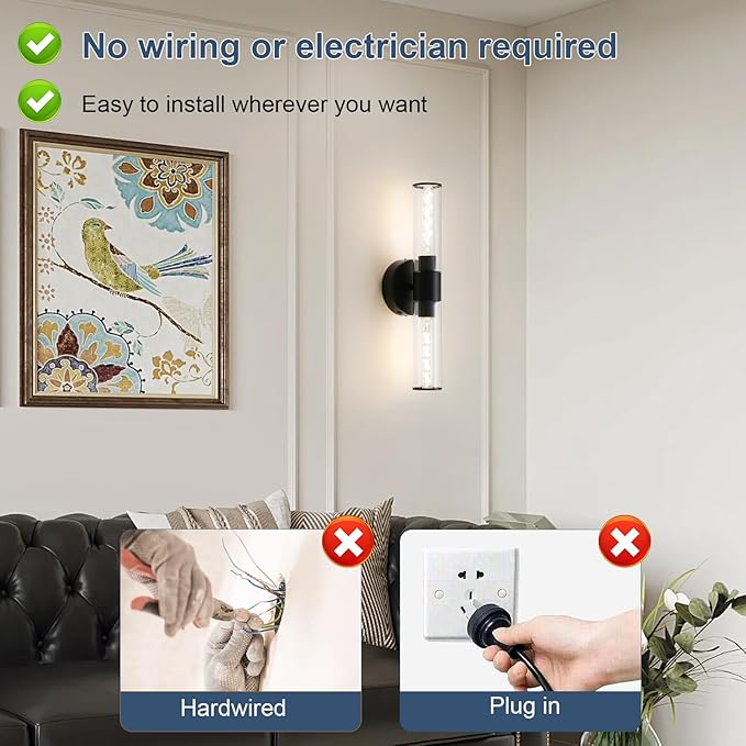 Black Battery Operated Wall Sconces Set of Two Modern Rechargeable Wall Sconces with Remote Control LED Dimmable Wall Lights for Living Room Bedroom Hallway (2 Pack)