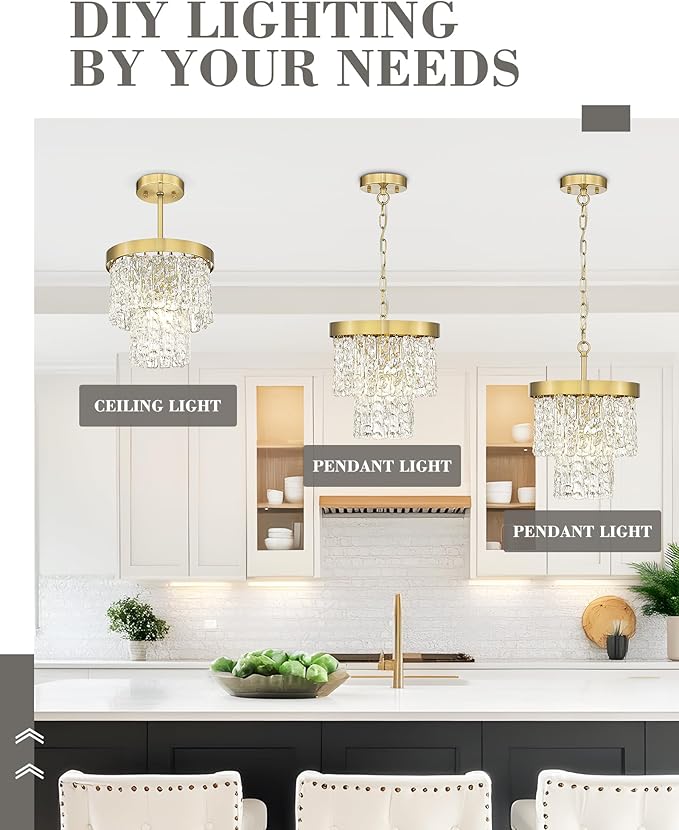 Water Ripple Gold Chandelier, 2-Tier 10'' Pendant Lights Kitchen Island, Vintage Chandeliers for Dining Room Kitchen Island Bedroom Entryway, CC4848-1P-PG