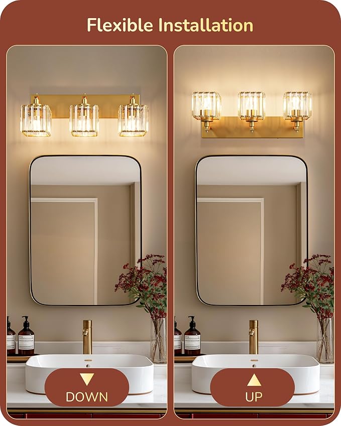 EDISHINE Bathroom Vanity Light, 20.47-Inch Modern Bathroom Lighting Fixtures, 3-Light Crystal Vanity Lights Over Mirror, Gold Bath Wall Sconce Lamp for Powder Room, Makeup, E26 Base