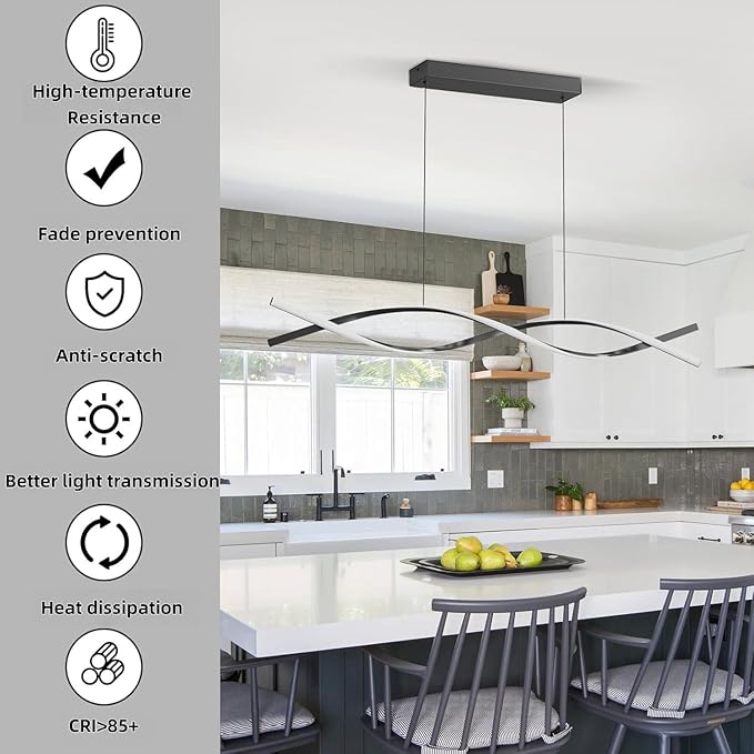 Modern Kitchen Island Pendant Lights, 47in LED Chandelier Fixture Dimmable 3000k-6000K Color, Aluminum Island Lighting Lamp for Dining Room, Billiard Room