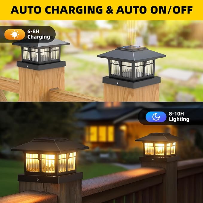 EXCMARK 4x4 Solar Post Cap Lights, 8 Pack Fence Deck Post Lights Outdoor Solar Powered Waterproof with Two Light Modes Warm&Cool White for Garden Patio Decor.(Classic Black, 8)