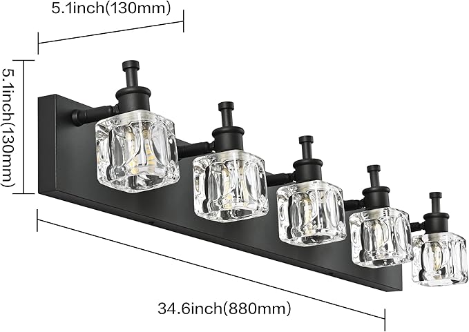 PRESDE Black Crystal Bathroom Vanity Light for Bathroom Modern 5 Light Vanity Lighting Fixtures