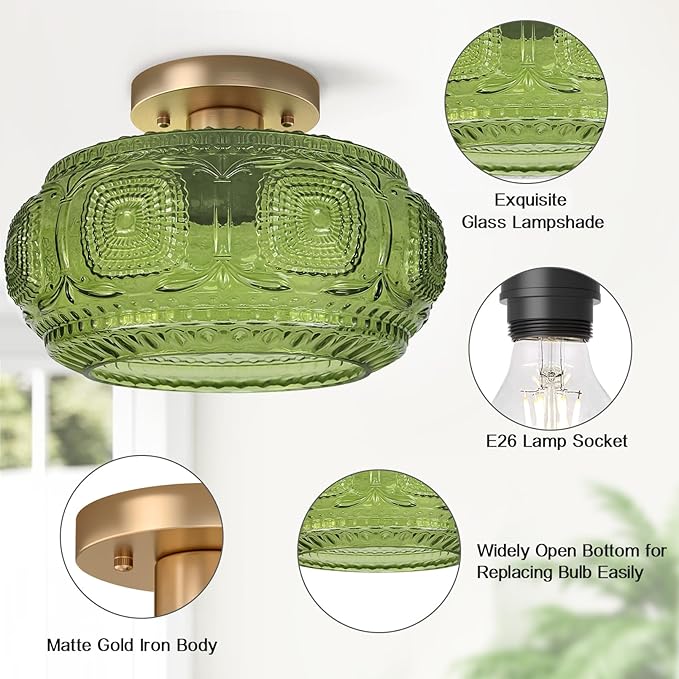 Semi Flush Mount Ceiling Light, Upgraded Larger Green Glass Ceiling Light Fixture, Vintage Lighting for Hallway Kitchen Bedroom Dining Room, Bulb Not Included