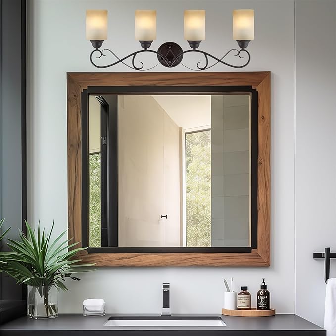 Kira Home Villa 31" Traditional 4-Light Bathroom Vanity Light with Scrollwork Design and Frosted Amber Glass Shades, Oil Rubbed Bronze Finish