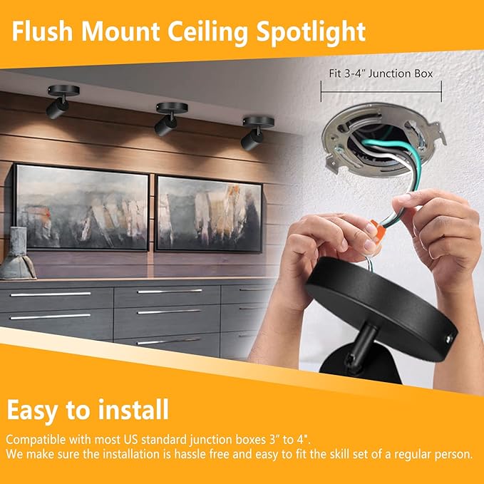 VANoopee Flush Mount LED Ceiling Spotlight Dimmable Adjustable Spotlight Directional Spot Lights Indoor Bright Can Accent Fixture for Living Room Bedroom - CRI90 Flicker Free 10W 800lm 4000K Black