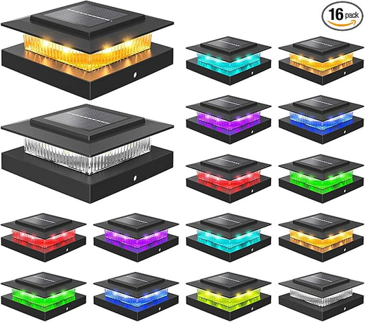 NIORSUN Solar Post Cap Lights Outdoor Waterproof, 4x4 Post Solar Lights RGB Color Changing, Fence Posts Solars Light for Deck Patio Garden Decoration, 4x4 Posts Caps Wood Vinyl, 16 Pack (Black)