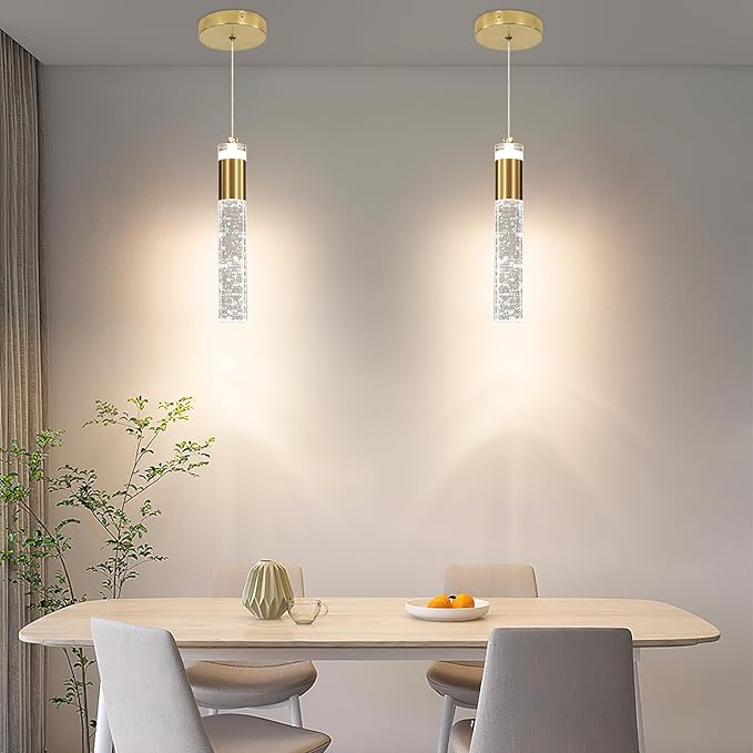 Modern Kitchen Island Pendant Lights, Gold Bubble Crystal Ceiling Hanging Light, 3 Color 2700K/4500K/6500K, Mini Linear LED Chandelier Lighting for Dining Room, Bedroom, Bar, Hallway, Bedside