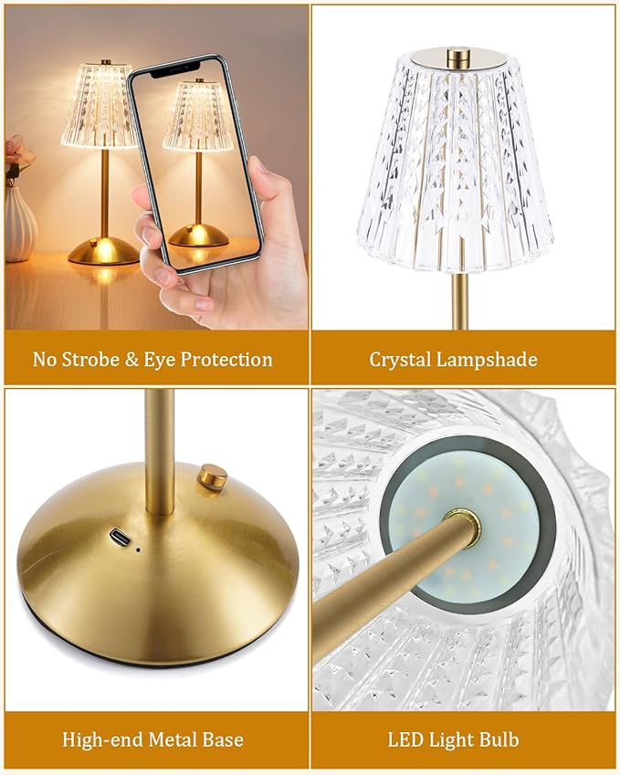 Nusogon Rechargeable Cordless Table Lamp, Touch Control Crystal Desk Lamp with 3500mAh Battery, 3 Color Dimmable LED Small Lamp for Bedroom Bedside Restaurant Kitchen Home Decor