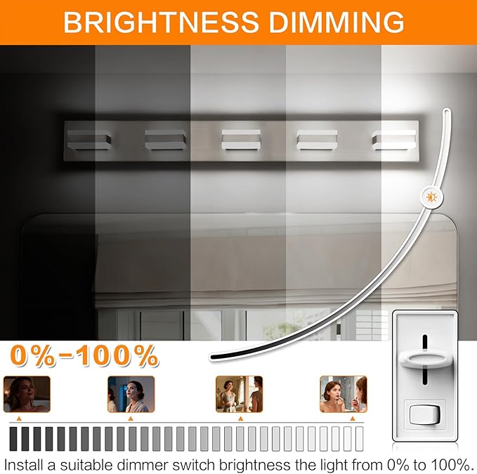 SOLFART Bathroom Brushed Nickel Bathroom Light Fixture, Vanity Lights Over Mirror, 5 Light Led Lights for Bathrooms,5 Color Temperature Adjustable Vanity Lights for Bath Nickel