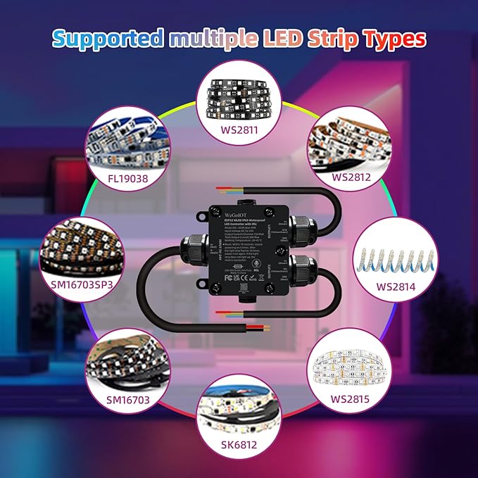 IP65 Waterproof LED Controller, ESP32 WLED WiFi APP Control, Outdoor Music Sync Light Controller, DC5-24V, for WS2812B RGBIC RGBW LED Strip Lights(2 Channel)