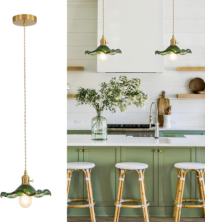 Pendant Light Fixture Glass Hanging Light Flower Light Fixture Pendant Lights Modern Lighting Bedroom Kitchen Island Hallway Bathroom Green Wave Style