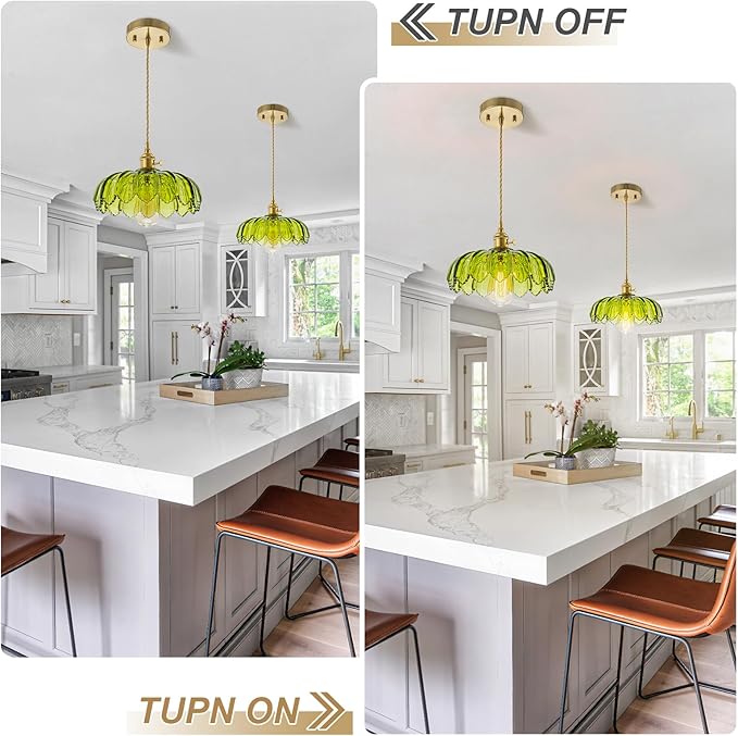 EDSILIVE Vintage Flower Glass Pendant Lights Kitchen Island 9.84" Antique Flower Green Glass Hanging Ceiling Light Fixture with Adjustable Brass Twine Wire for Dining Room Kitchen Table, Gold Green