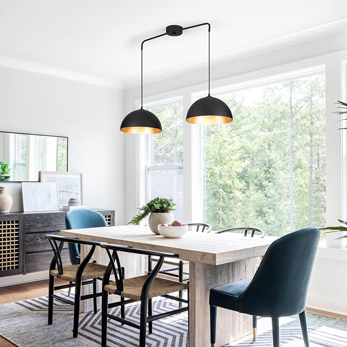 Pendant Lights Kitchen Island, 2-Light Black and Gold Dome Pendant Light Fixtures, Island Lights for Kitchen Farmhouse Dining Room Restaurant