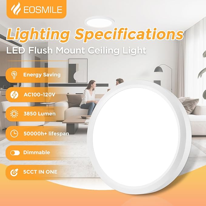 1Pack 15.8 Inch LED Flush Mount Ceiling Light, 35W, 3850LM, 2700K-5000K 5Color Selectable & Dimmable, White Thin Flat Surface Mount Lights for Bedroom, Living Room, Dining Room, Garage