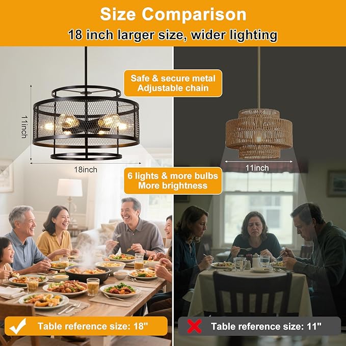 18" Black Chandeliers for Dining Room, 6-Light Farmhouse Pendant Light Fixtures, Industrial Hanging Pendant Lights Fixture for Kitchen Island Dining Room Living Room Bedroom Hallway Entryway