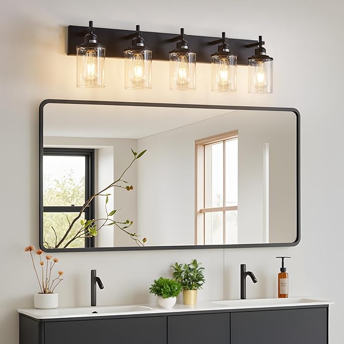 Lanhall 5-Light Black Bathroom Light Fixture Over Mirror Modern Farmhouse Bathroom Vanity Light Vintage Wall Lighting with Clear Glass Shade for Bathroom, Bedroom, Hallway, Cabinet