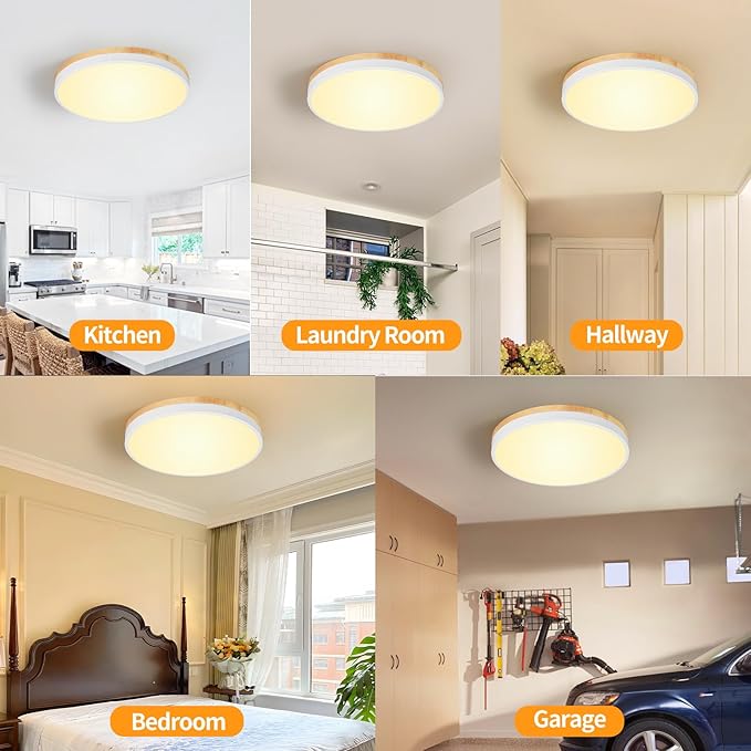 12 Inch Wood LED Flush Mount Ceiling Light Fixtures 5CCT 2700-5000K 24W Dimmable | Overhead Light | Round | White | Ceiling Lamp | Bathroom | Bedroom | Kitchen | Hallway | Laundry Room