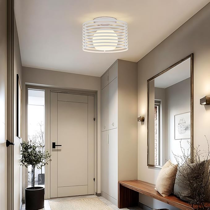Modern Industrial Semi Flush Mount Ceiling Light, 1-Light White Farmhouse Ceiling Light Fixture with Glass Shade, Hallway Lighting Fixture for Kitchen, Bedroom, Bathroom, Foyer, Laundry room 9.0in