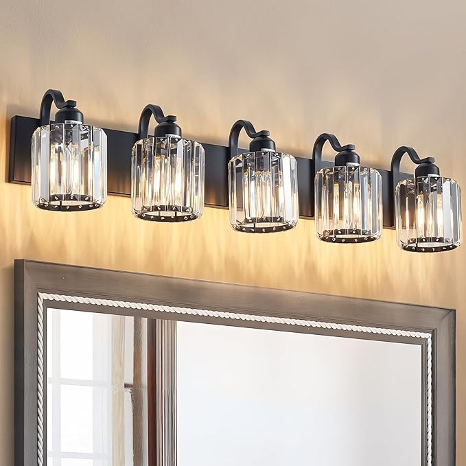 Crystal Vanity Light Black 5 Lights Modern Bathroom Vanity Lighting Fixtures with Crystal Round Shade Over Mirror (Exclude Bulb)