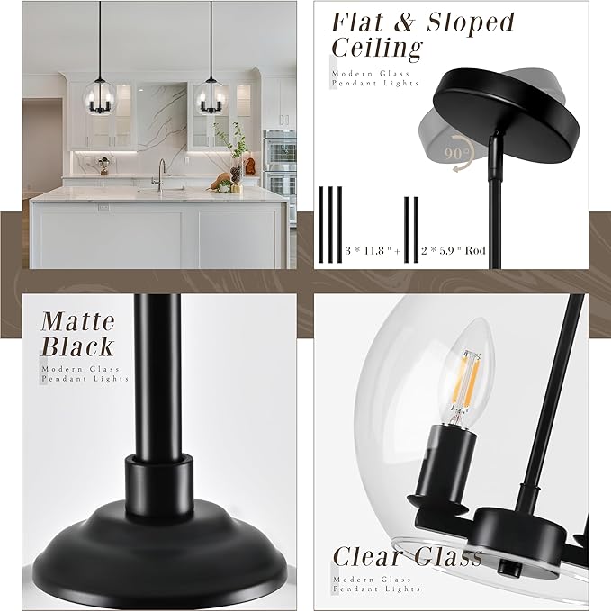 10" Globe Pendant Lights Kitchen Island Glass Globe Pendant Light Fixture Bedroom Mid Century Modern Pendant Lighting Black Pendant Light for Kitchen Island Dinning Room (Bulb Incl.)