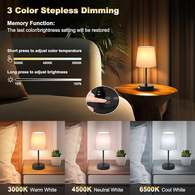 Wowag Cordless Table Lamp,5000mAh Rechargeable Battery Operated Desk Lamp,3Colors & 7 RGB Stepless Dimmable, Portable Small Touch Fabric Shade LED Night Light for Patio Restaurant Home(White)
