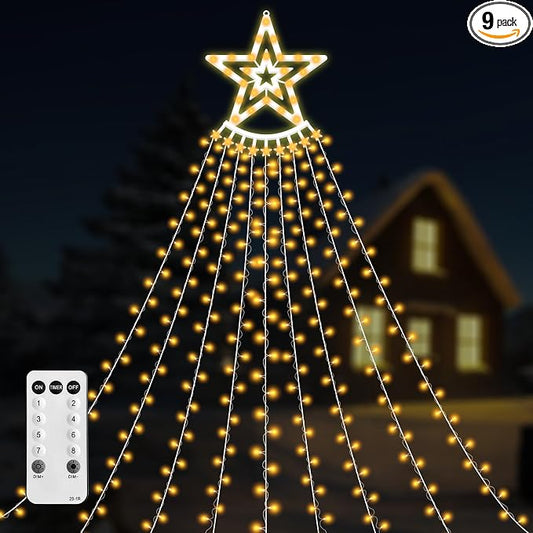 350 LED Christmas Decorations Star String Lights Waterproof Waterfall StarLights 8 Light Modes Remote & Timer,Waterproof Seasonal Lighting Decor for Home Xmas Tree Yard Wedding Party (Warm White)