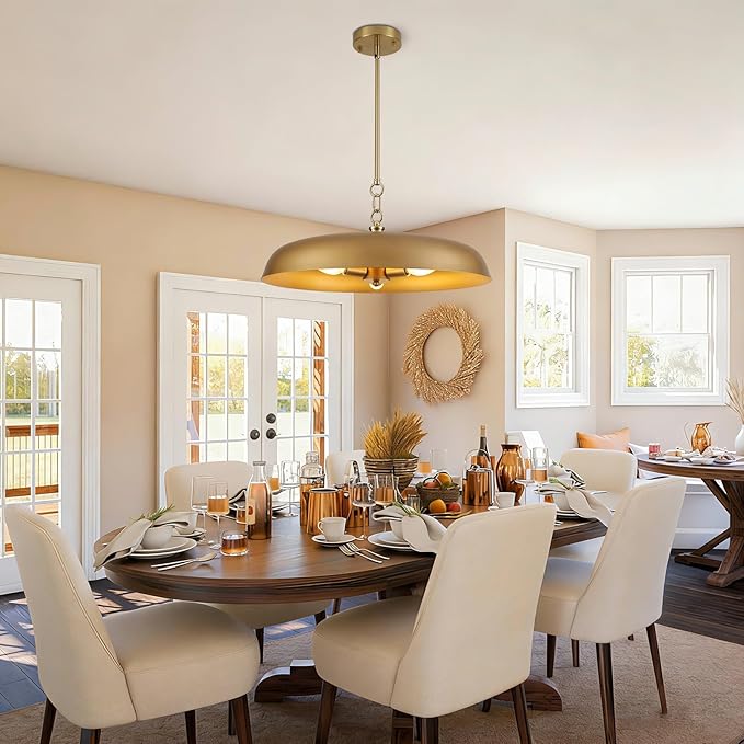Large Gold Pendant Lights 20 Inch, 3-Lights Modern Brushed Gold Dome Chandelier, Farmhouse Pendant Lighting Fixture Ceiling Hanging Light for Kitchen Island, Dining Room, Cafe, Bar