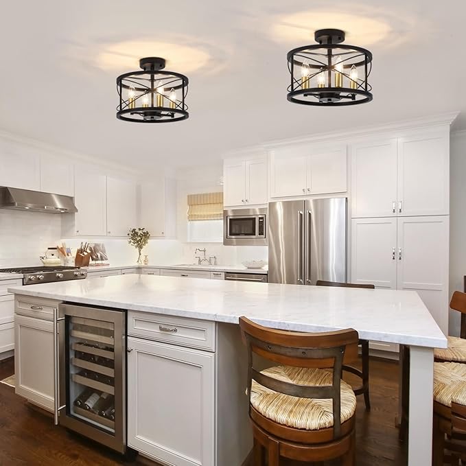 TOULMJ 4-Light Semi Flush Mount Ceiling Light, Black Gold Ceiling Light Modern Hallway Light Fixtures for Kitchen Island Entryway Laundry Room Foyer Dining Room