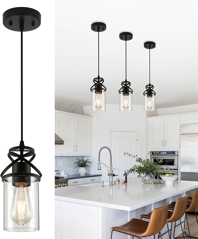 Pendant Kitchen Island Light, Modern Pendant Lighting with Glass Shade, E26 Socket and Adjustable Cable, Suitable for Living Rooms, Bedrooms, Hallways
