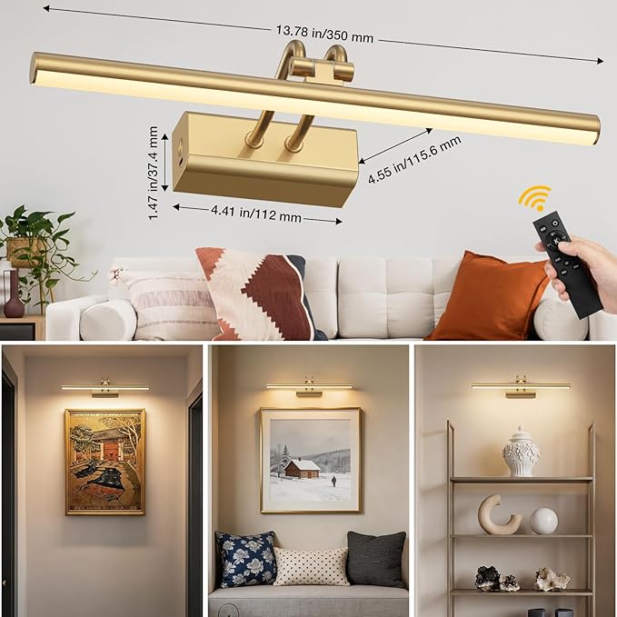 Battery Operated Picture Light for Wall, 4000mAh Cordless Wall Lamp for Painting Photo Artwork , Remote Control, Magnetic for Easy to Charge,Timers, 13.8'' Display for Gallery Living Room Bedroom Gold