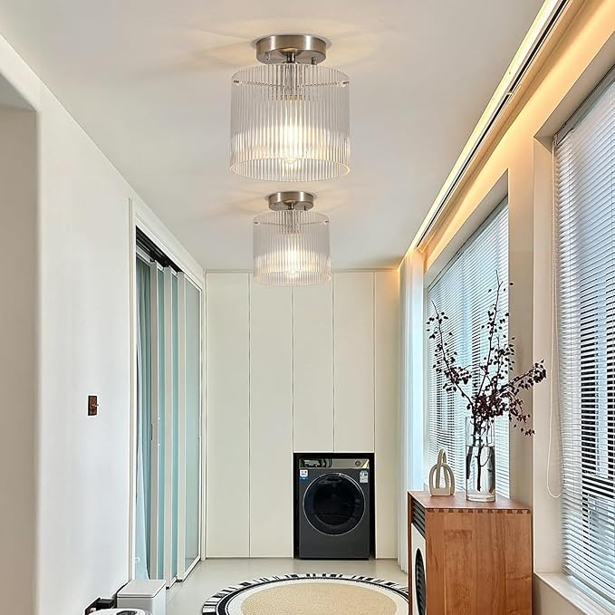 Modern Semi Flush Mount Ceiling Light, Industrial Clear Glass Ceiling Light Fixture, Crystal Ceiling Lamp, Modern Ceiling Lamps, Farmhouse Light for Entryway Hallway Kitchen Dining Room, Nickel