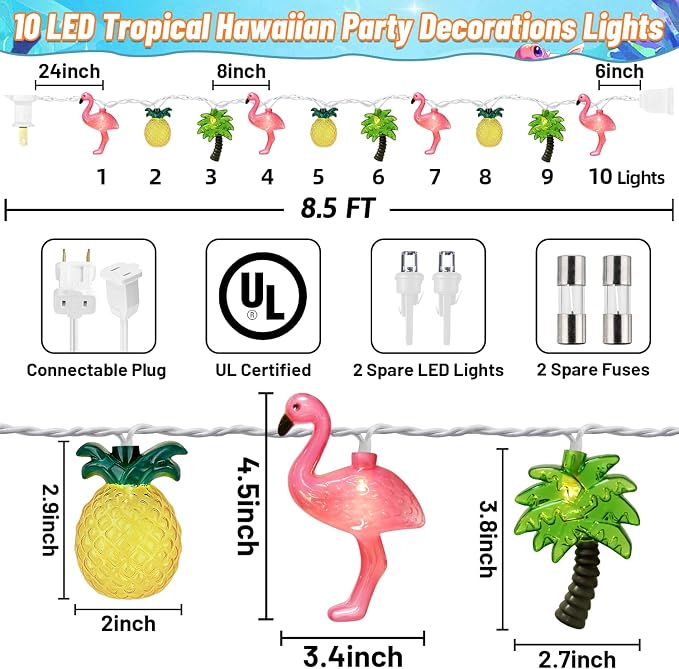 PASUTO Summer Beach Hawaiian String Lights, 10 LED Tropical String Lights, Hawaiian Tropical Beach Pool Party Decorations, Flamingo Pineapple Palm Tree Light Indoor Outdoor, Connectable Plug