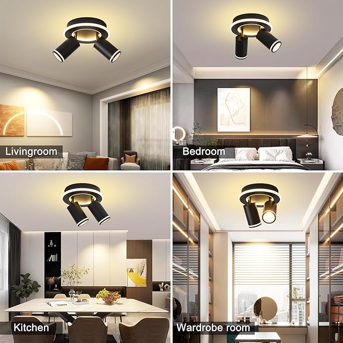 LED 2 Light Track Lighting Kit, Black Round Ceiling Spot Lighting Fixture with Flexibly Rotatable Heads, Modern Spotlight for Kitchen, Living Room, Bedroom, Dual Lighting Design,Includes 2 x GU10 Bulb