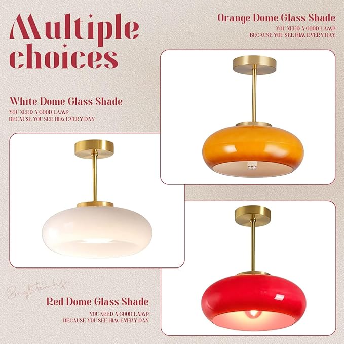 Hallway Ceiling Light Fixtures Glass Semi Flush Mount Ceiling Light with Red Dome Shade, Mid Century Modern Semi Flush Mount Lamp for Bedroom Dining Room Gold Brass Lights Fixture