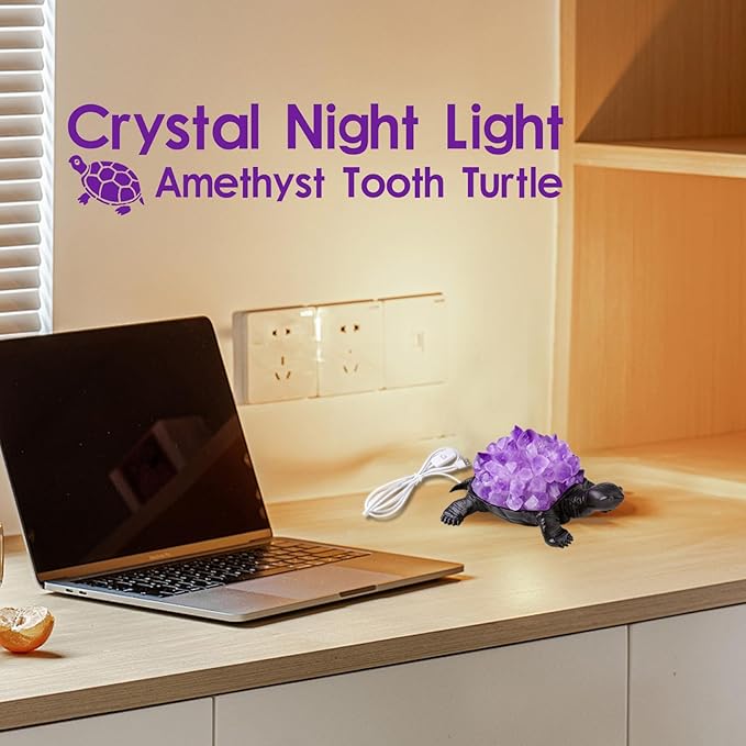 Runyangshi Natural Amethyst Tooth Turtle Night Lamp Healing Crystal Bedroom Bedside Table Lamp USB Port Home Decor Women Men Gift