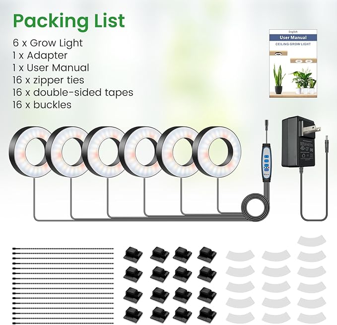Wiaxulay Ceiling Grow Lights for Indoor Plants, 288 LED Full Spectrum 3.5in Halo Plant Grow Light, 12/3A Under Cabinet Grow Lamp with Auto Timer 6/12/16 Hrs, 3 Lighting Mode, 5 Brightness, Six Head