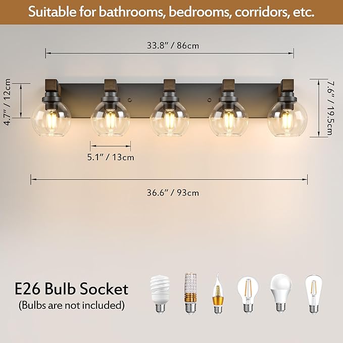 Farmhouse Bathroom Vanity Light Fixtures, 5-Light Wood Bathroom Light Fixtures Over Mirror, Rustic Vanity Lighting with Glass Shade for Living Room, Bedroom, Hallway